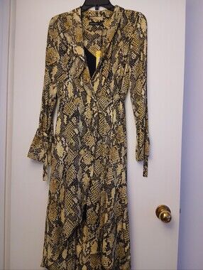 Karen Millen Yellow and Black Snake-Print Wrap Dress w/ black slip and g/bag.S 6